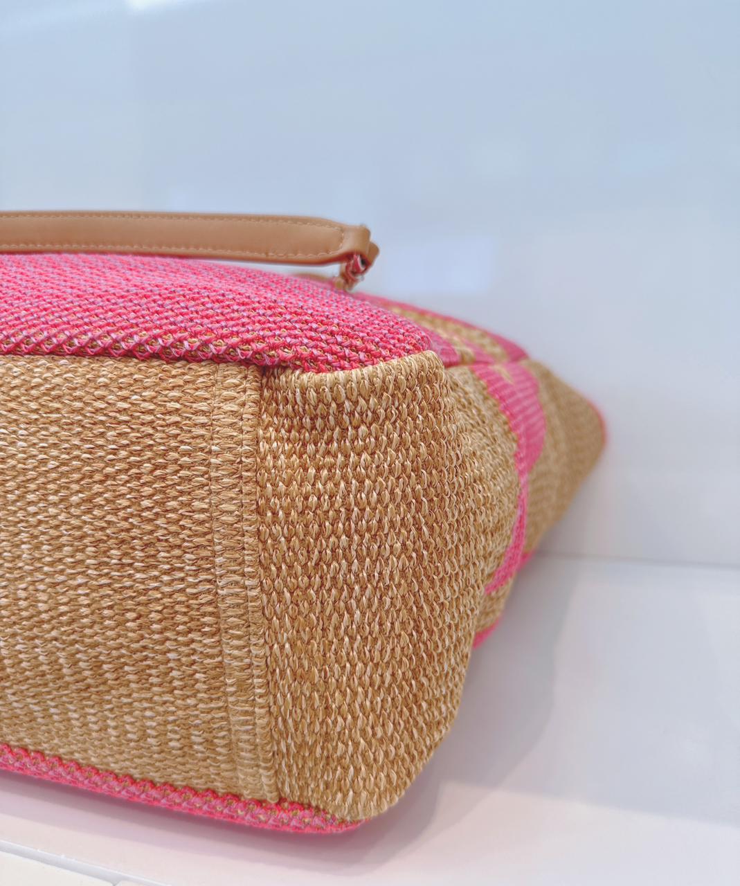 PINK AND TAN RAFFIA MAXI DEAUVILLE SHOPPING TOTE