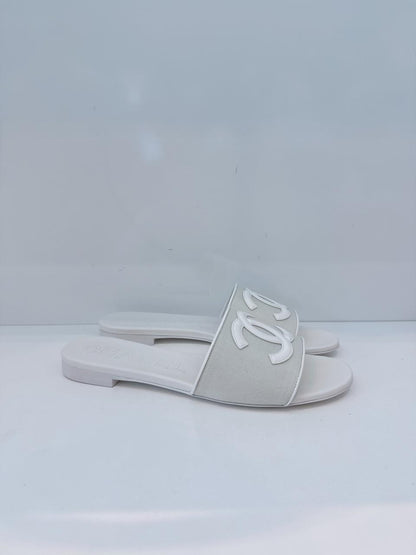 WHITE MESH LEATHER CC LOGO MULES SLIDES FLATS SANDALS 40C