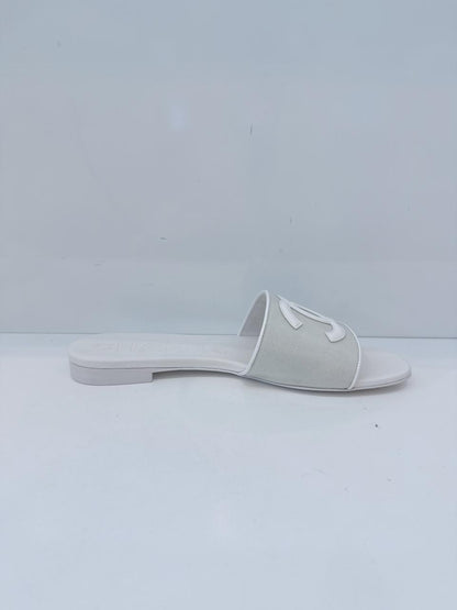 WHITE MESH LEATHER CC LOGO MULES SLIDES FLATS SANDALS 40C
