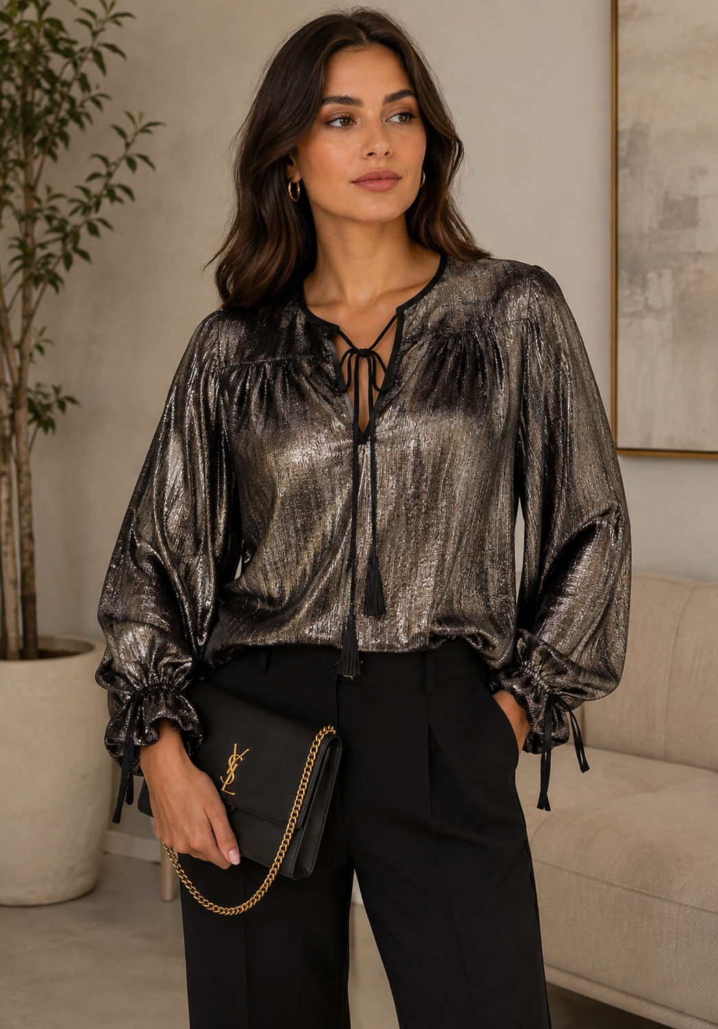 GOLD METALLIC LONG SLEEVES TASSEL DETAIL BLOUSE 38