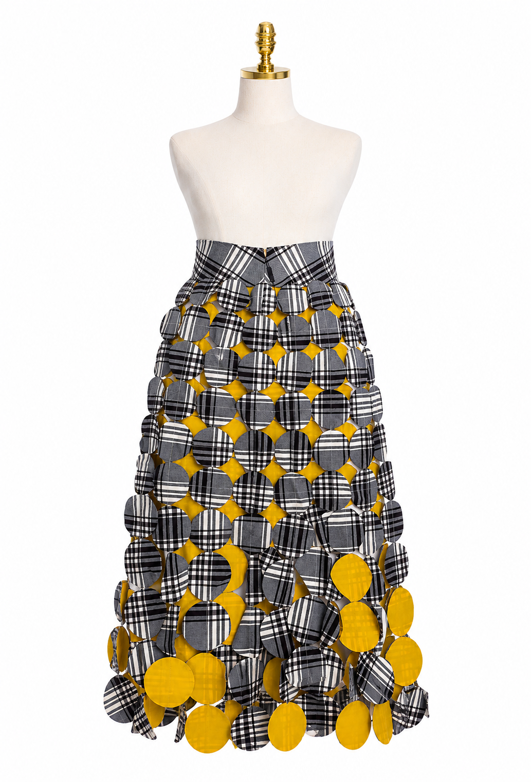 GREY IVORY CHECK YELLOW LASERCUT GABARDINE MULTI CIRCLE SKIRT 38