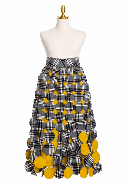 GREY IVORY CHECK YELLOW LASERCUT GABARDINE MULTI CIRCLE SKIRT 38