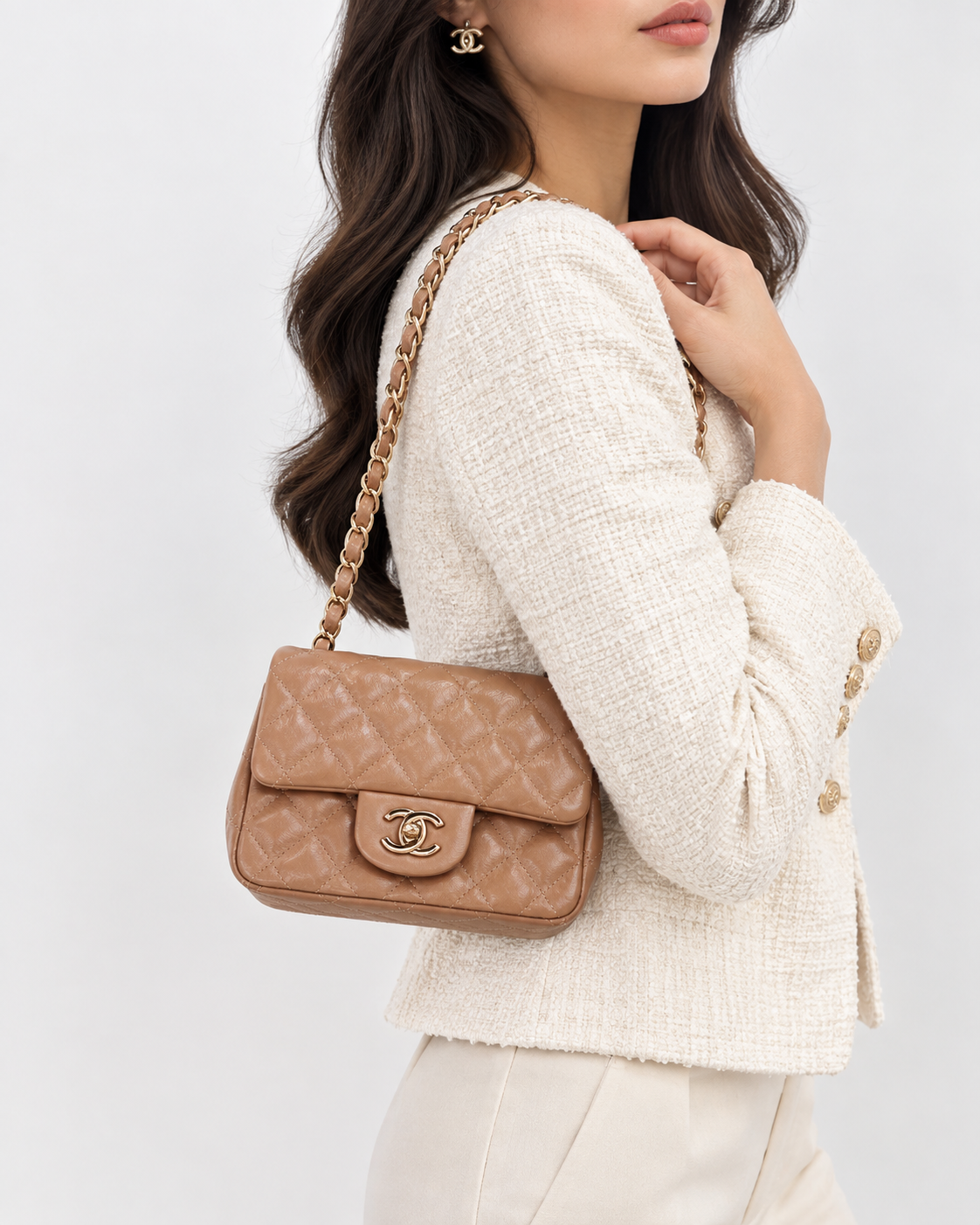 CARAMEL QUILTED LAMBSKIN LEATHER CLASSIC MINI SQUARE FLAP BAG