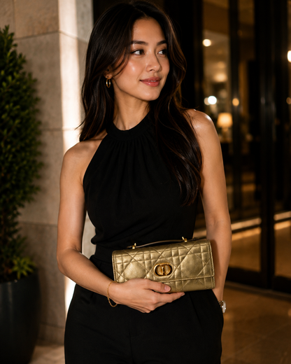 METALLIC GOLD TONE MACROCANNAGE CALFSKIN LEATHER CARO TOP HANDLE POUCH