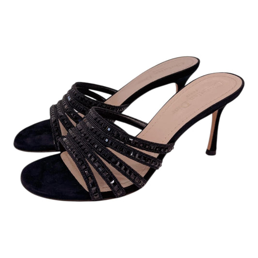 BLACK SUEDE CRYSTAL EMBELLISHED SLIDE SANDALS 38.5