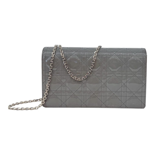 GRAY PATENT CANNAGE CALFSKIN LADY DIOR POUCH WITH CHAIN