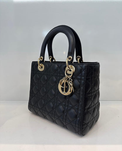 BLACK LAMBSKIN CANNAGE LEATHER MEDIUM LADY DIOR HANDBAG