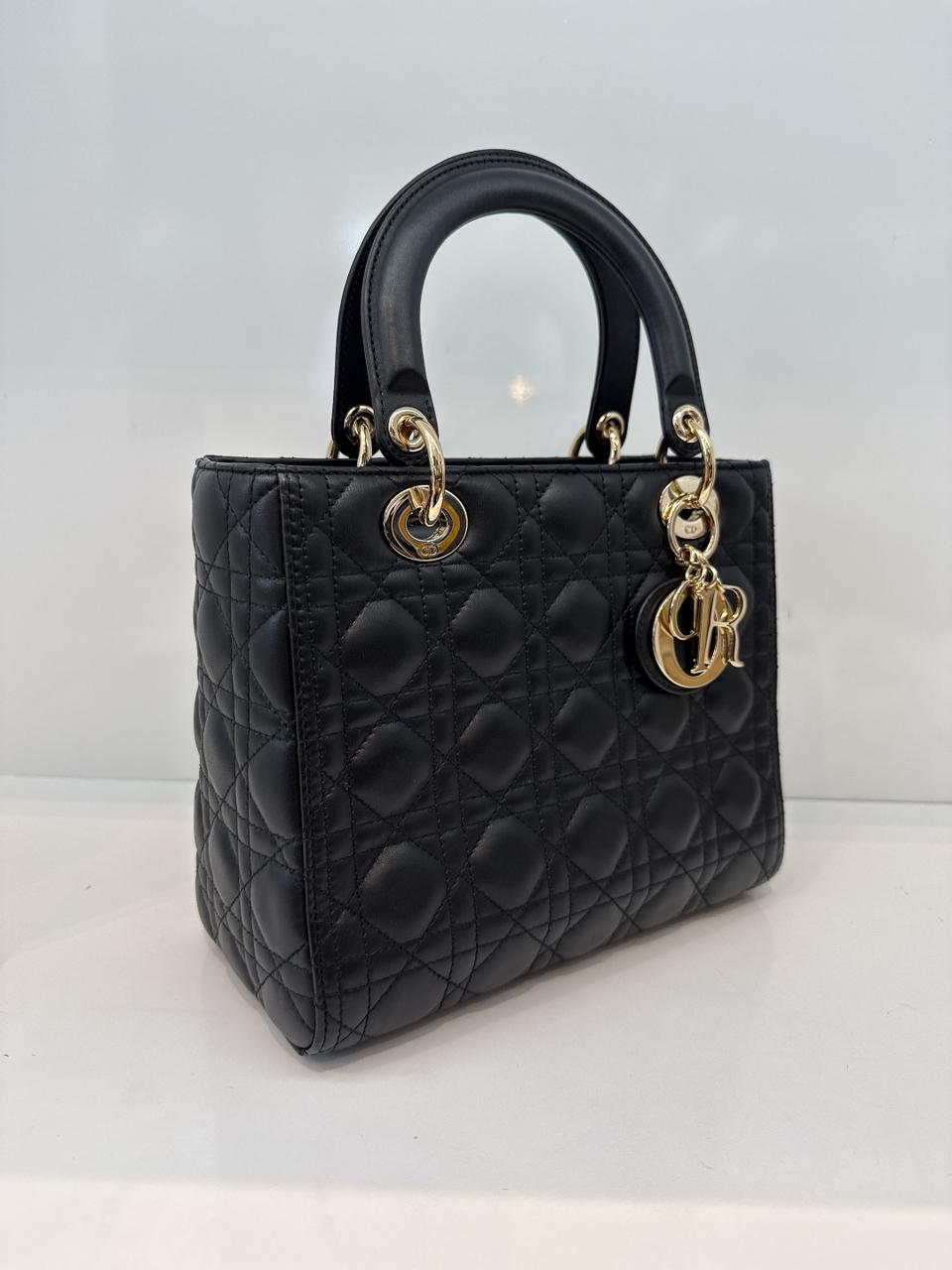 BLACK LAMBSKIN CANNAGE LEATHER MEDIUM LADY DIOR HANDBAG