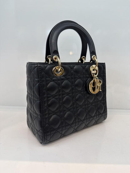 BLACK LAMBSKIN CANNAGE LEATHER MEDIUM LADY DIOR HANDBAG