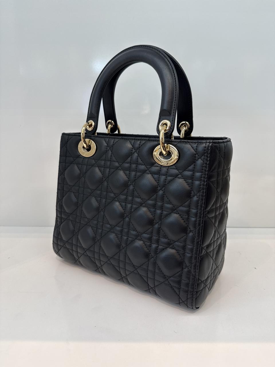 BLACK LAMBSKIN CANNAGE LEATHER MEDIUM LADY DIOR HANDBAG