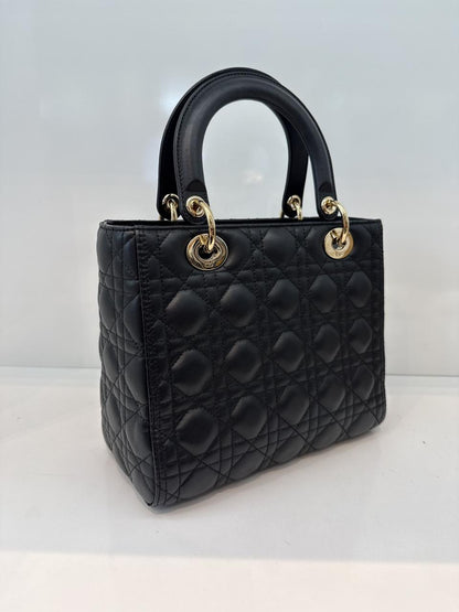 BLACK LAMBSKIN CANNAGE LEATHER MEDIUM LADY DIOR HANDBAG