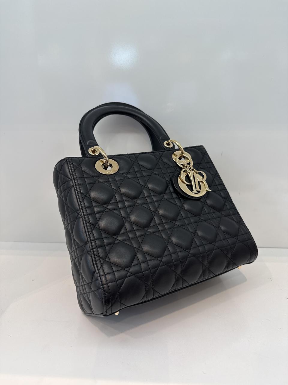BLACK LAMBSKIN CANNAGE LEATHER MEDIUM LADY DIOR HANDBAG