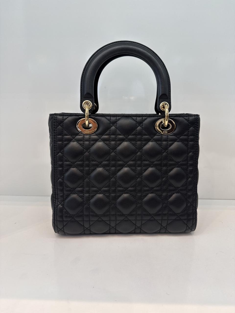 BLACK LAMBSKIN CANNAGE LEATHER MEDIUM LADY DIOR HANDBAG