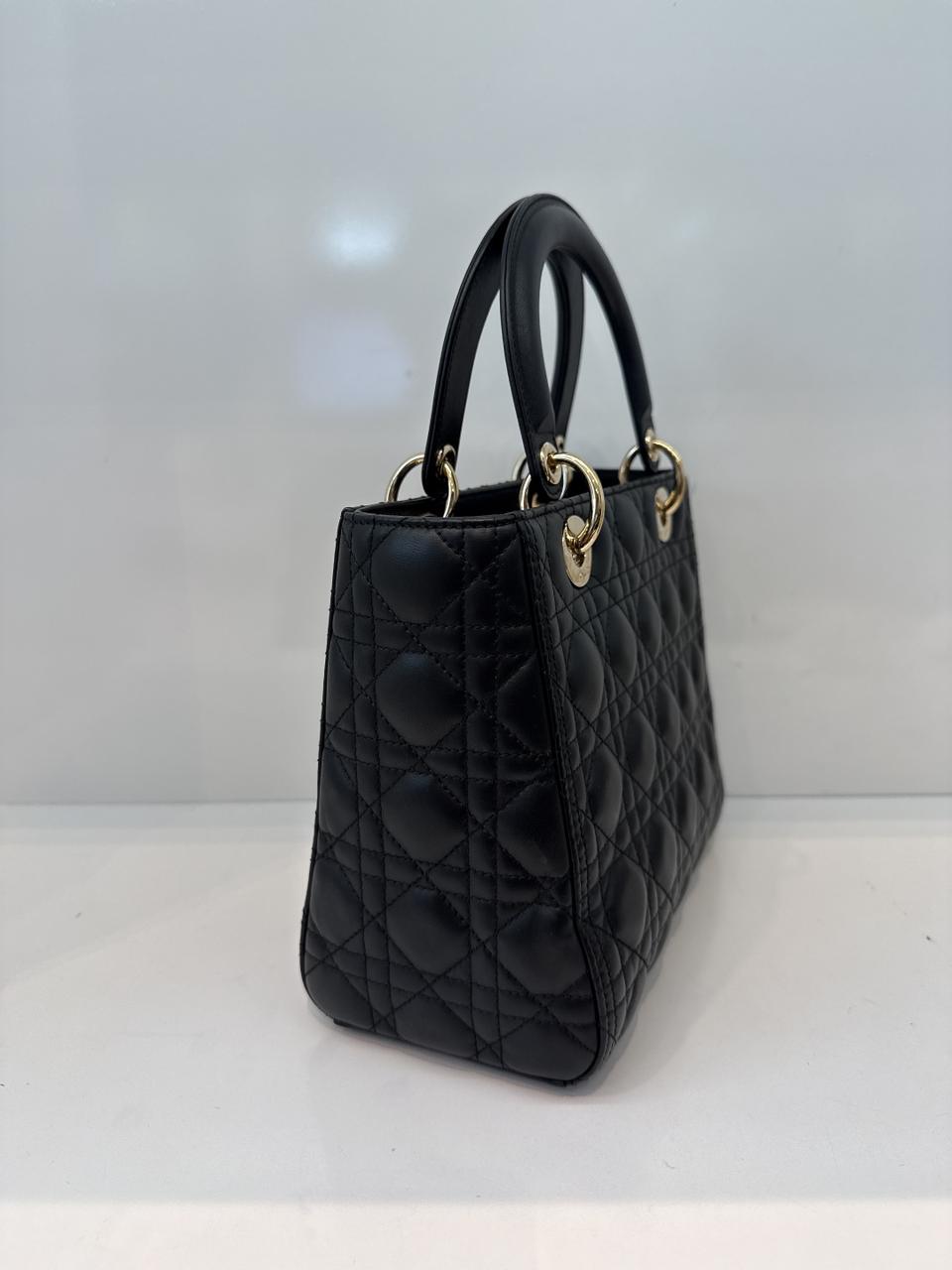 BLACK LAMBSKIN CANNAGE LEATHER MEDIUM LADY DIOR HANDBAG