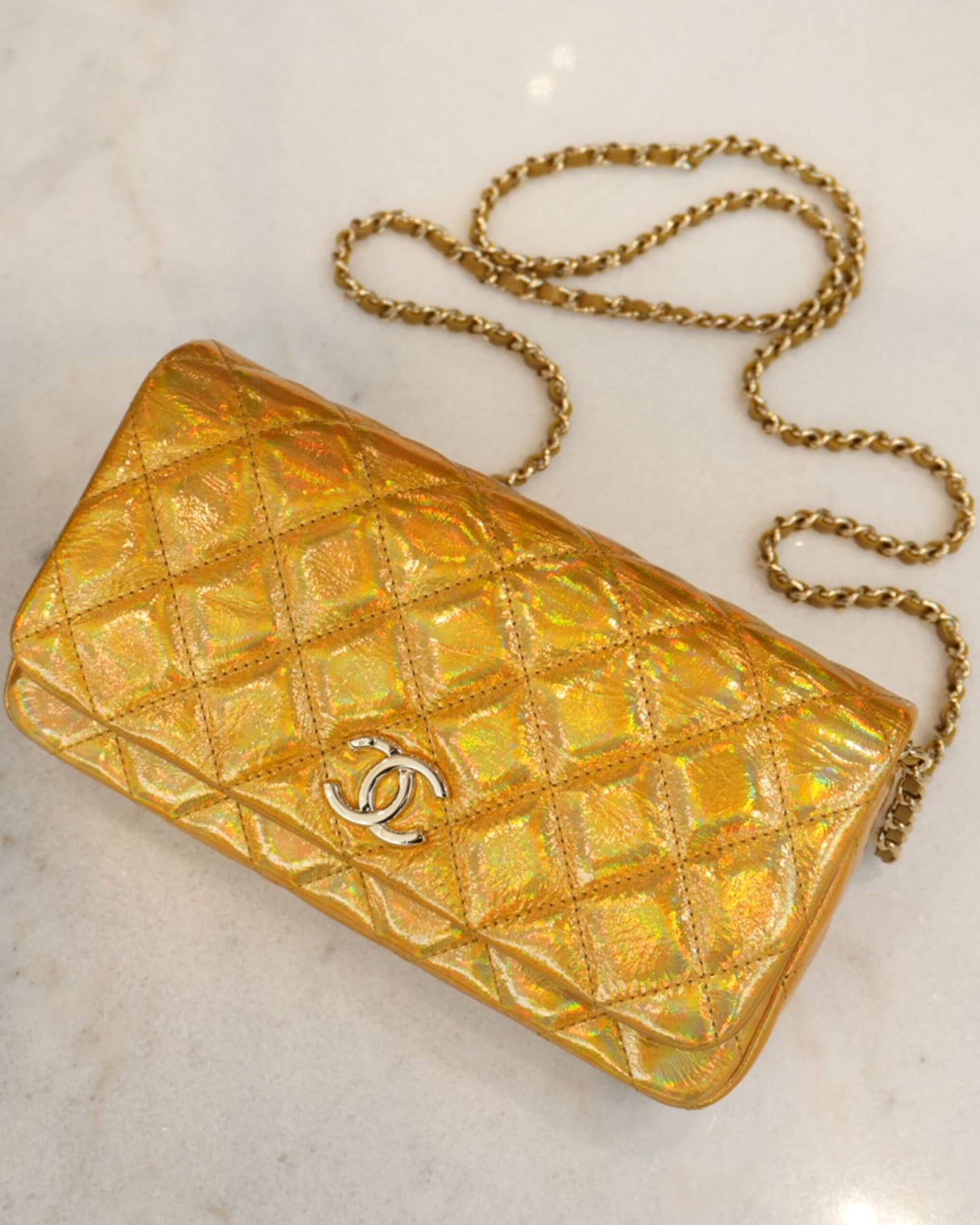 GOLD IRIDESCENT MIRROR GOATSKIN CLUTCH WITH CHAIN SHW