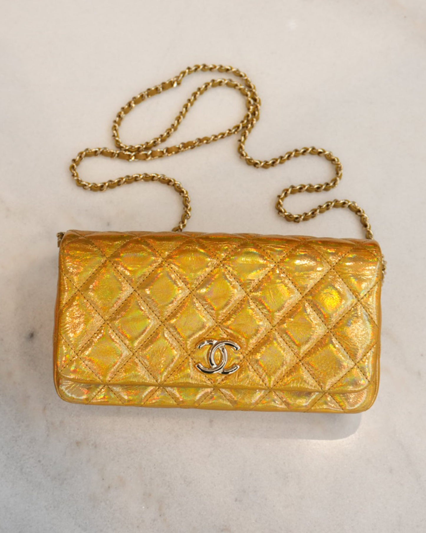 GOLD IRIDESCENT MIRROR GOATSKIN CLUTCH WITH CHAIN SHW