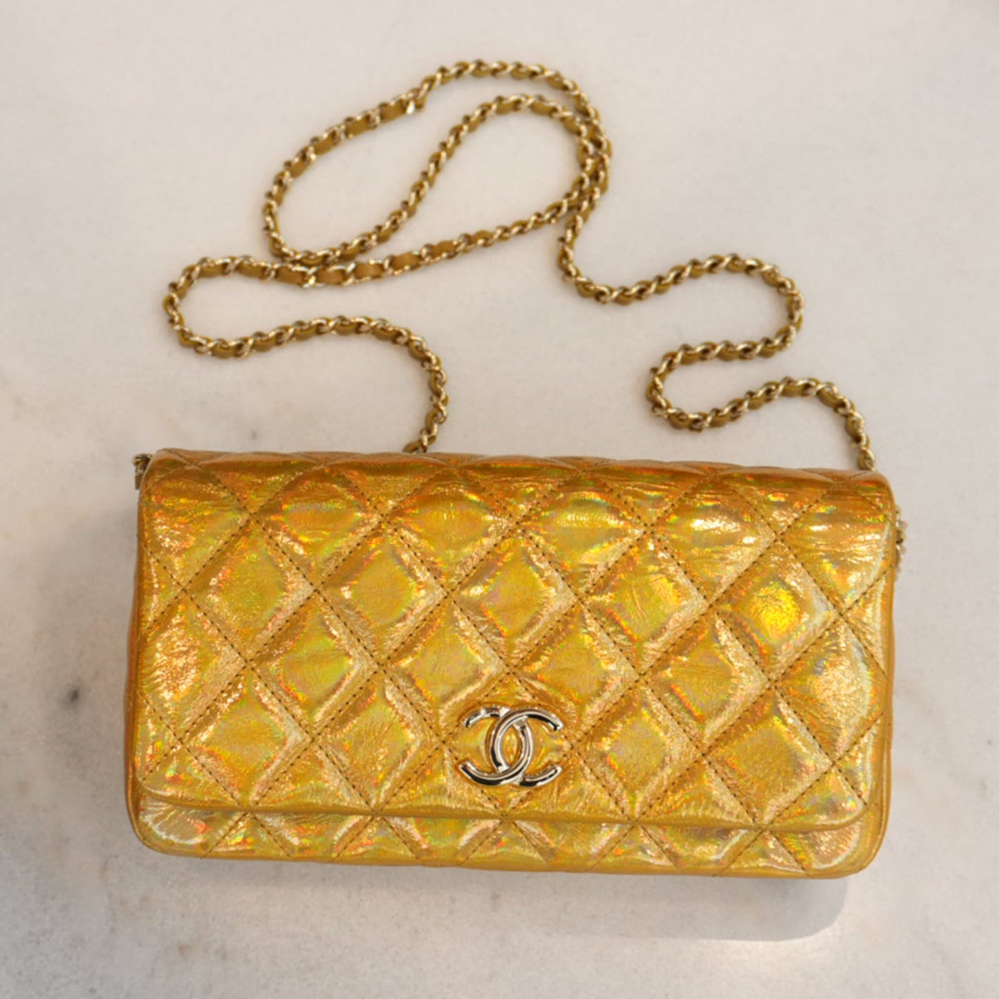 GOLD IRIDESCENT MIRROR GOATSKIN CLUTCH WITH CHAIN SHW