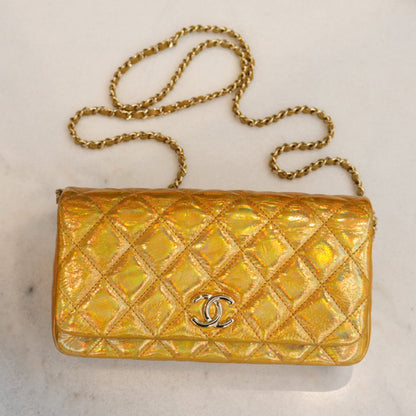 GOLD IRIDESCENT MIRROR GOATSKIN CLUTCH WITH CHAIN SHW