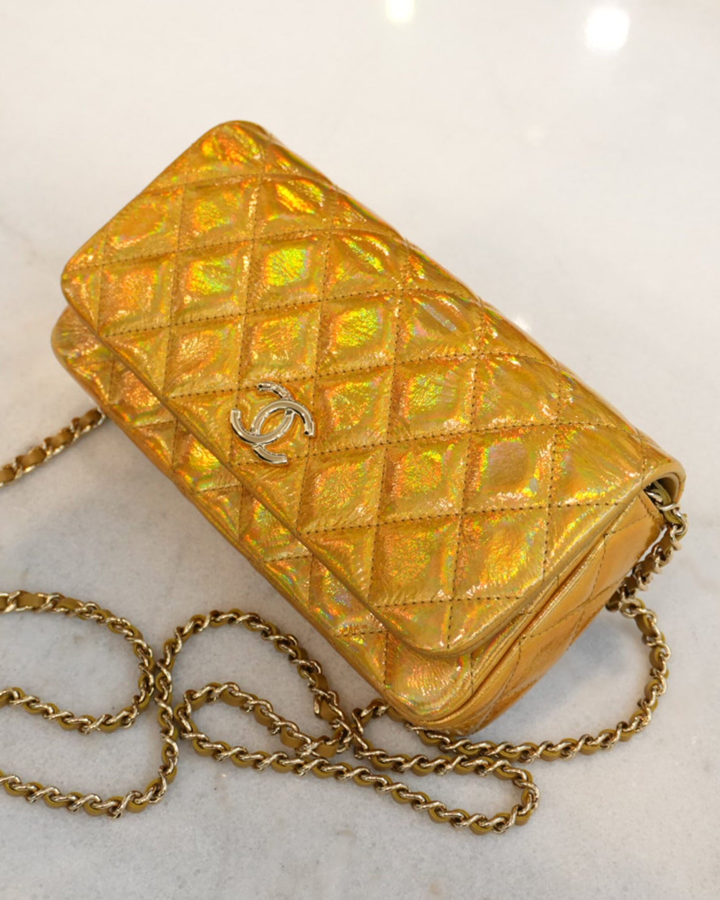 GOLD IRIDESCENT MIRROR GOATSKIN CLUTCH WITH CHAIN SHW