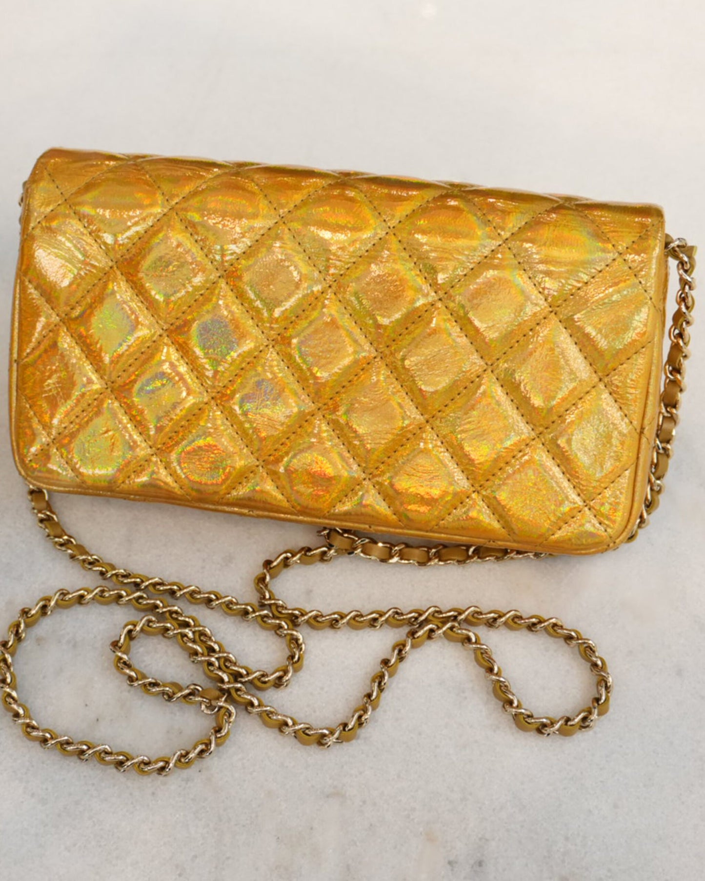 GOLD IRIDESCENT MIRROR GOATSKIN CLUTCH WITH CHAIN SHW