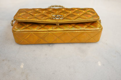 GOLD IRIDESCENT MIRROR GOATSKIN CLUTCH WITH CHAIN SHW
