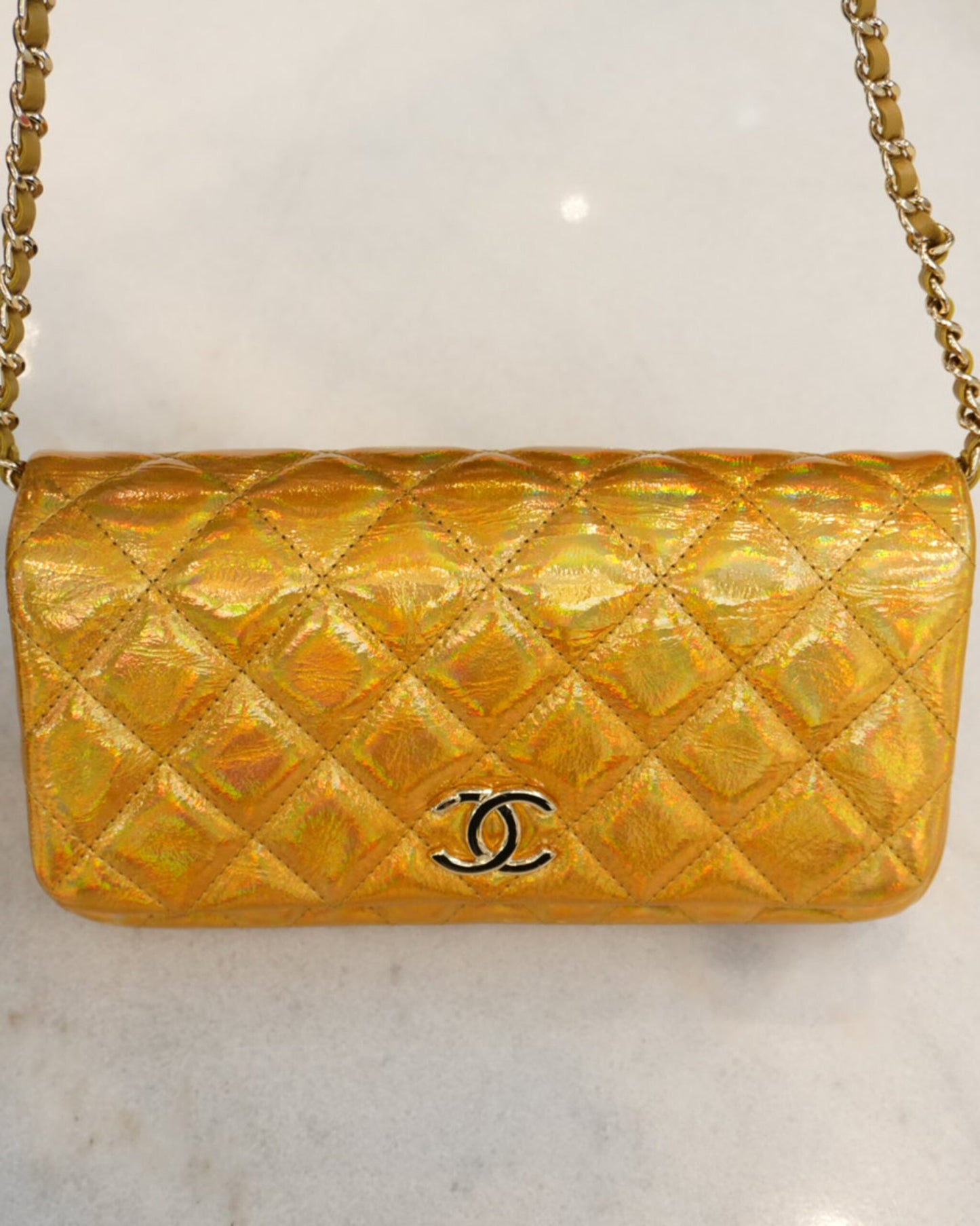 GOLD IRIDESCENT MIRROR GOATSKIN CLUTCH WITH CHAIN SHW