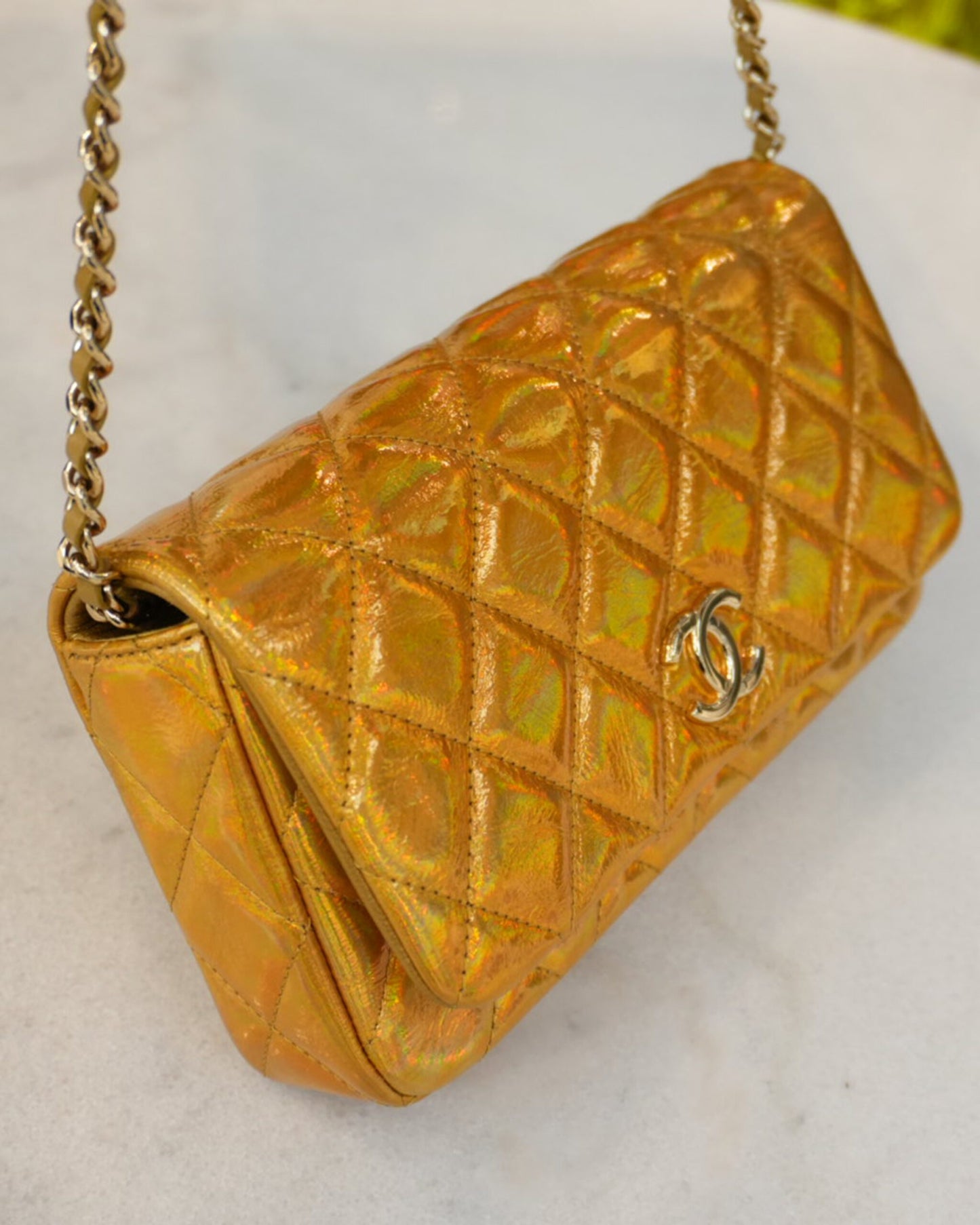 GOLD IRIDESCENT MIRROR GOATSKIN CLUTCH WITH CHAIN SHW
