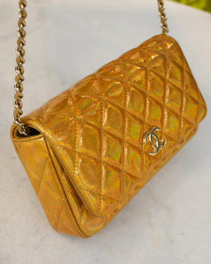 GOLD IRIDESCENT MIRROR GOATSKIN CLUTCH WITH CHAIN SHW