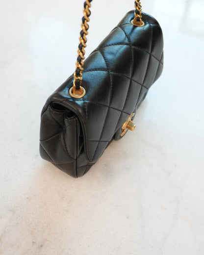 BLACK SHINY LAMBSKIN IMITATION PEARL MINI FLAP BAG GHW