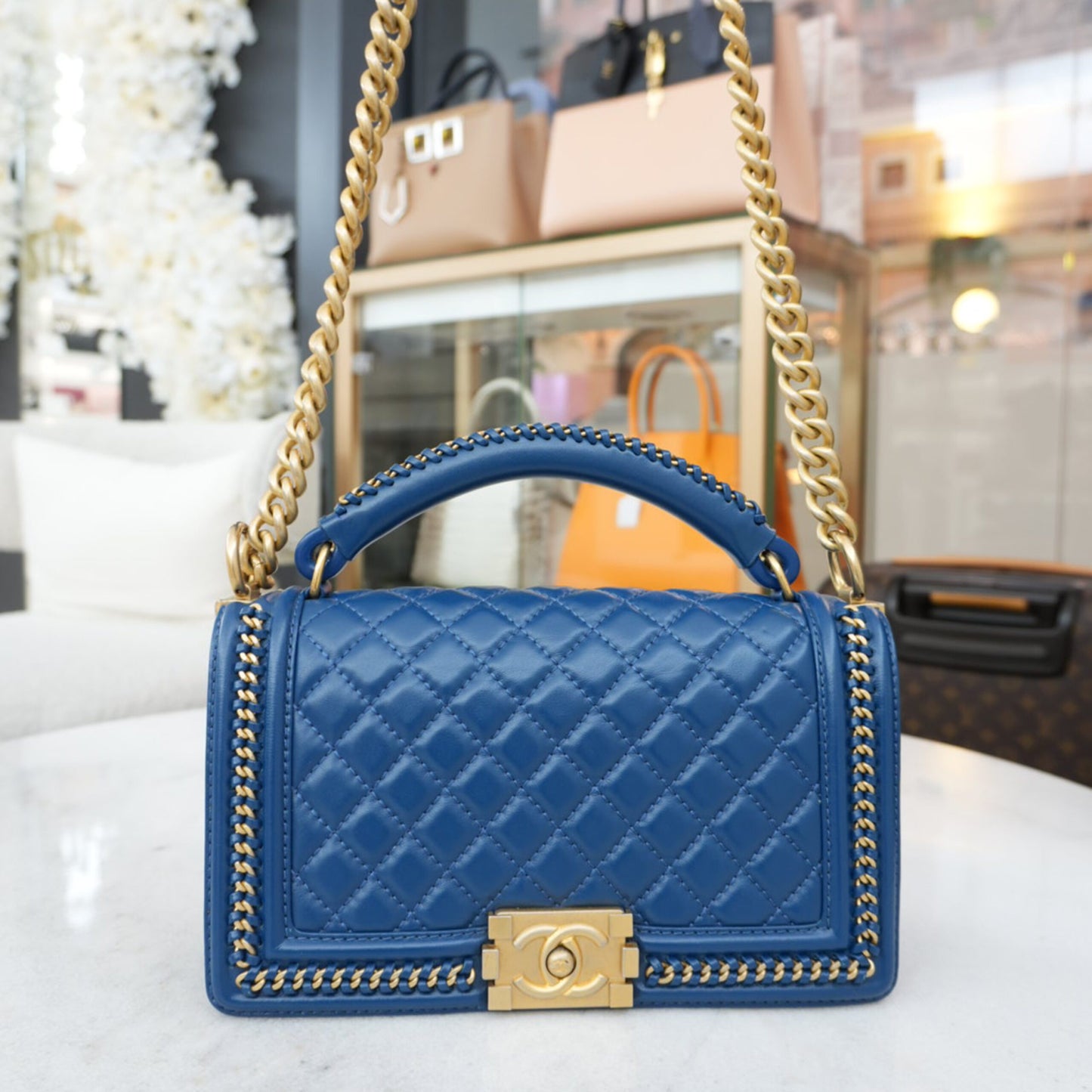 BLUE CALFSKIN LEATHER MEDIUM BOY WITH TOP HANDLE GOLDTONE HARDWARE