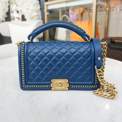 BLUE CALFSKIN LEATHER MEDIUM BOY WITH TOP HANDLE GOLDTONE HARDWARE
