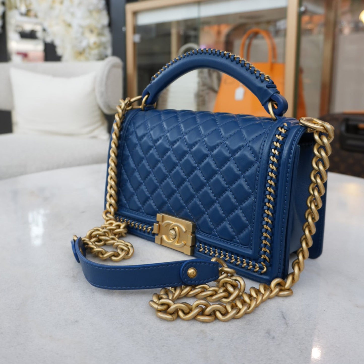 BLUE CALFSKIN LEATHER MEDIUM BOY WITH TOP HANDLE GOLDTONE HARDWARE