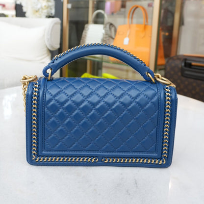 BLUE CALFSKIN LEATHER MEDIUM BOY WITH TOP HANDLE GOLDTONE HARDWARE