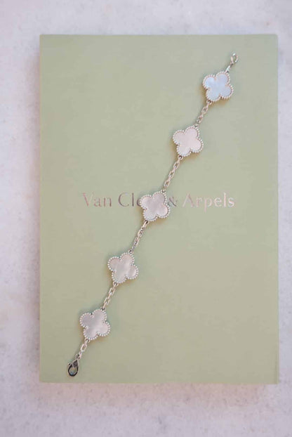 18K WHITE GOLD MOTHER OF PEARL VINTAGE ALHAMBRA 5 MOTIF BRACELET