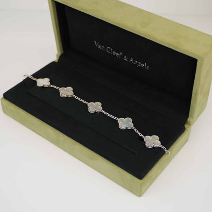 18K WHITE GOLD MOTHER OF PEARL VINTAGE ALHAMBRA 5 MOTIF BRACELET