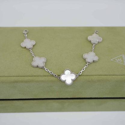 18K WHITE GOLD MOTHER OF PEARL VINTAGE ALHAMBRA 5 MOTIF BRACELET