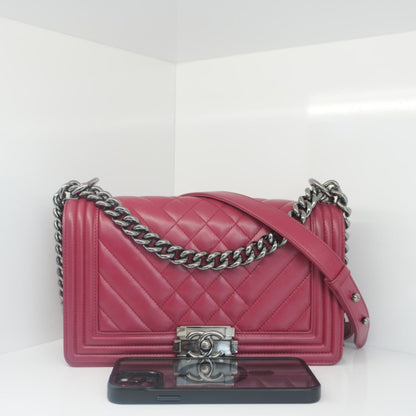 DARK PINK CHEVRON CALFSKIN LEATHER MEDIUM BOY FLAP BAG RUTHENIUM HARDWARE