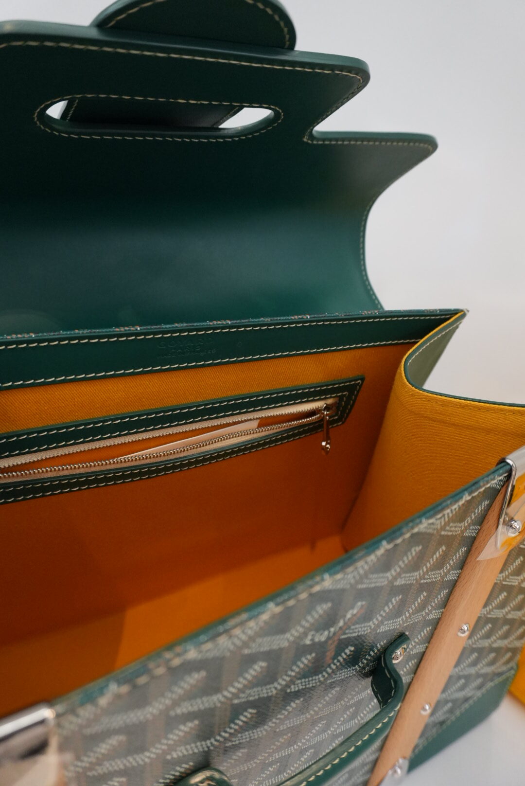 GREEN GOYARDINE COATED CANVAS AND LEATHER SAIGON MM TOP HANDLE BAG