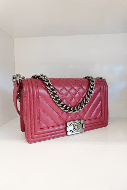 DARK PINK CHEVRON CALFSKIN LEATHER MEDIUM BOY FLAP BAG RUTHENIUM HARDWARE