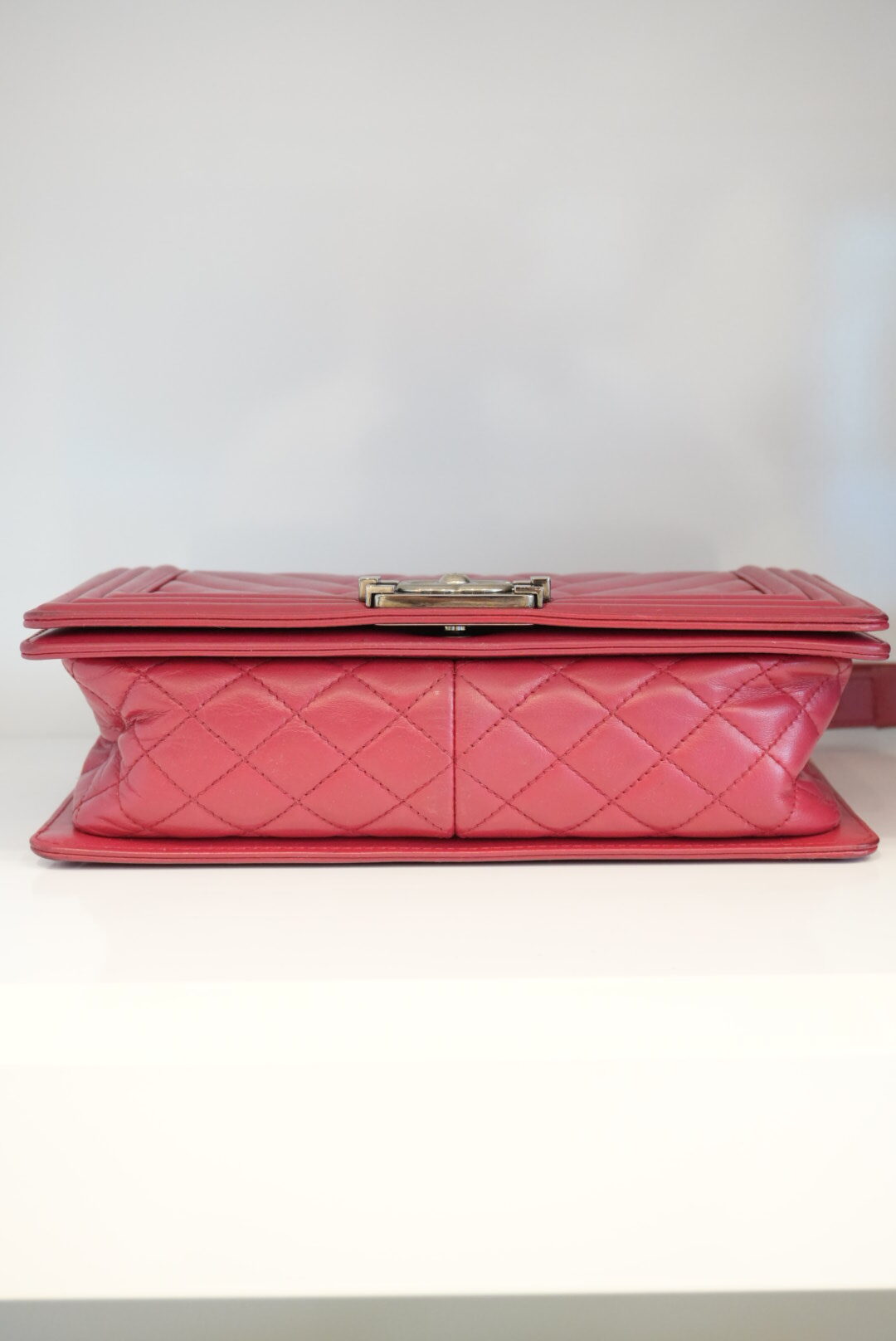 DARK PINK CHEVRON CALFSKIN LEATHER MEDIUM BOY FLAP BAG RUTHENIUM HARDWARE
