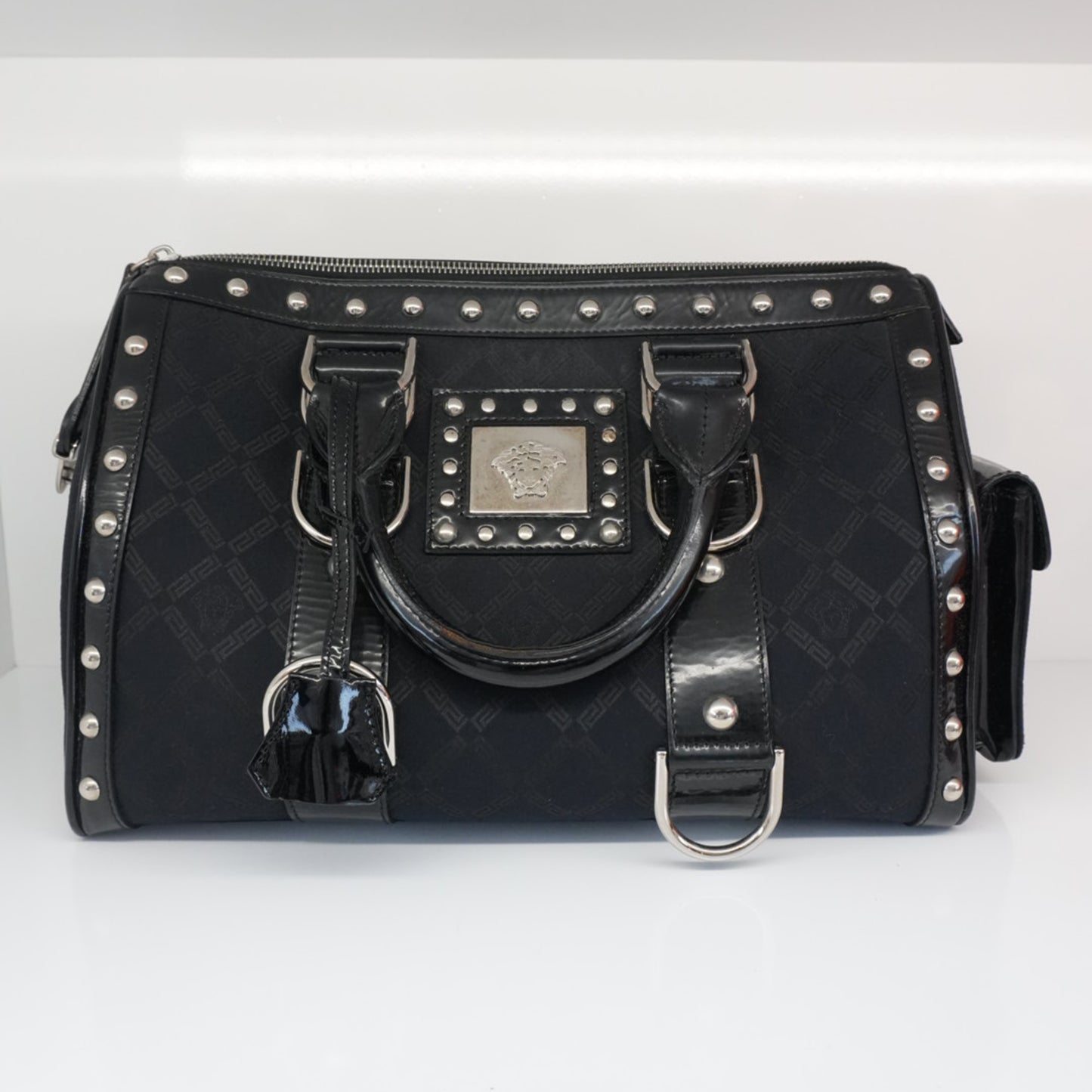 MEDUSA BLACK MONOGRAM FABRIC AND PATENT LEATHER STUDDED TOP HANDLE BOSTON BAG