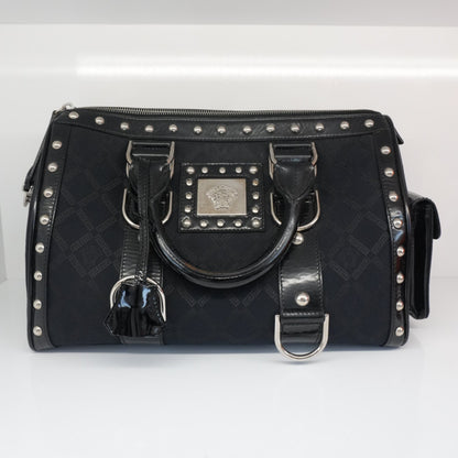 MEDUSA BLACK MONOGRAM FABRIC AND PATENT LEATHER STUDDED TOP HANDLE BOSTON BAG