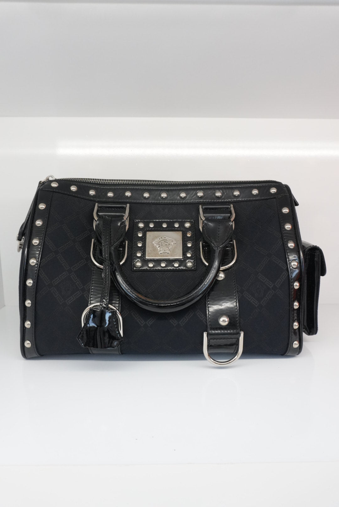 MEDUSA BLACK MONOGRAM FABRIC AND PATENT LEATHER STUDDED TOP HANDLE BOSTON BAG