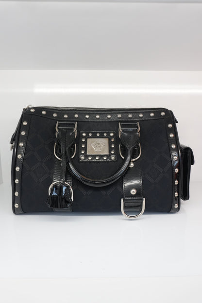 MEDUSA BLACK MONOGRAM FABRIC AND PATENT LEATHER STUDDED TOP HANDLE BOSTON BAG