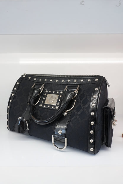 MEDUSA BLACK MONOGRAM FABRIC AND PATENT LEATHER STUDDED TOP HANDLE BOSTON BAG