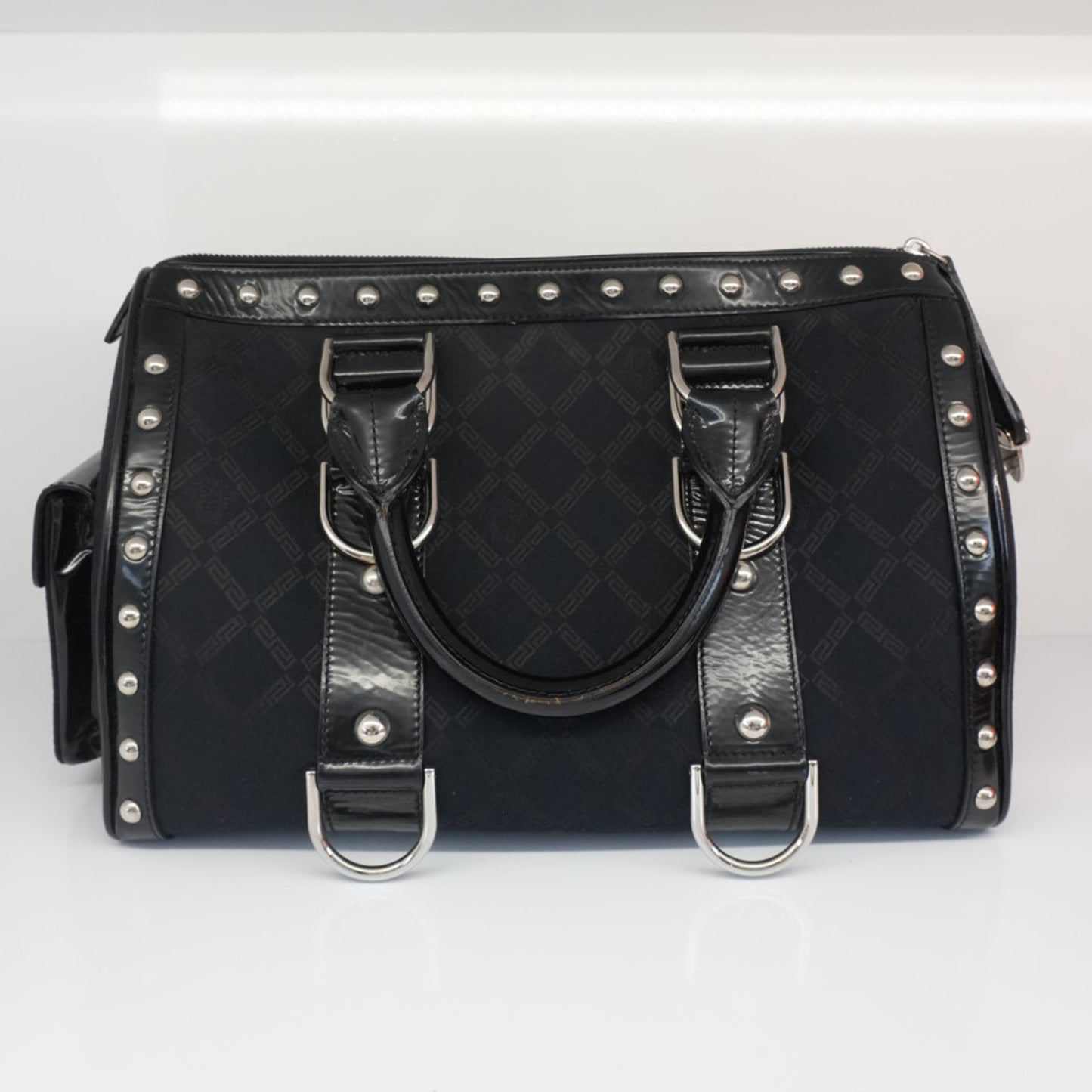 MEDUSA BLACK MONOGRAM FABRIC AND PATENT LEATHER STUDDED TOP HANDLE BOSTON BAG