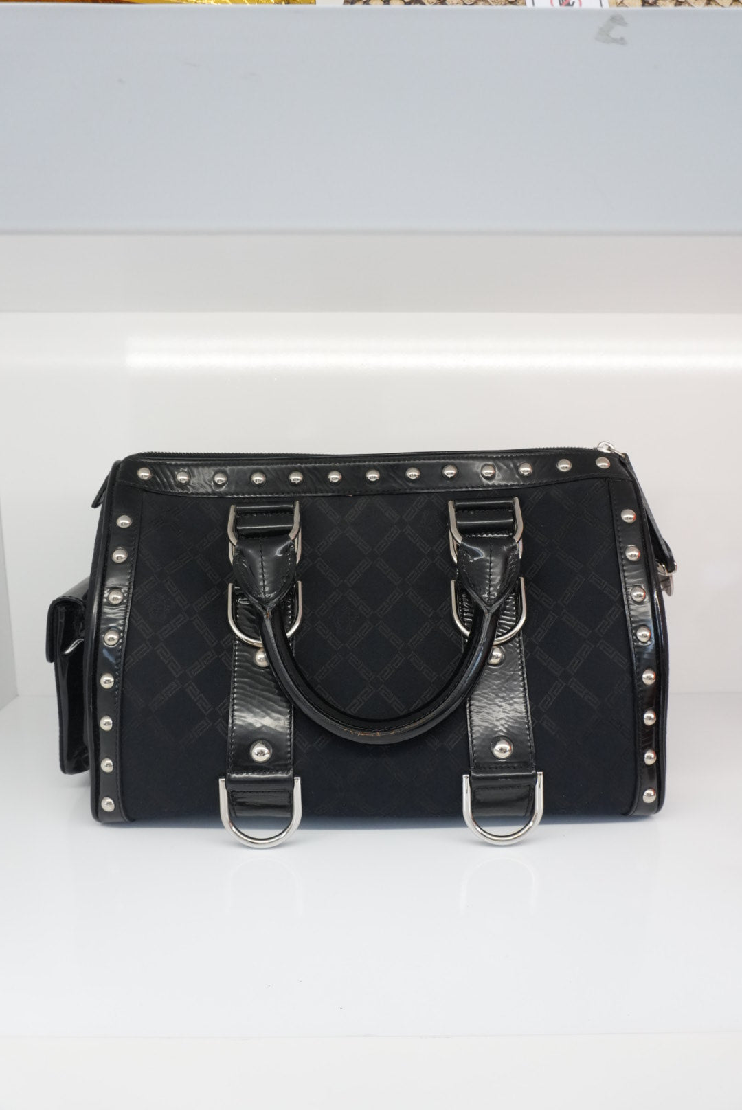 MEDUSA BLACK MONOGRAM FABRIC AND PATENT LEATHER STUDDED TOP HANDLE BOSTON BAG