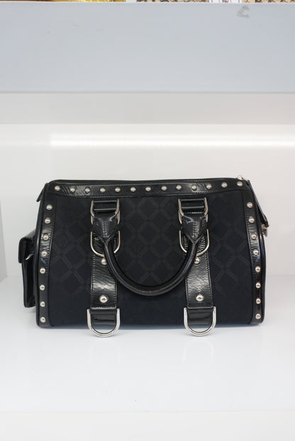 MEDUSA BLACK MONOGRAM FABRIC AND PATENT LEATHER STUDDED TOP HANDLE BOSTON BAG