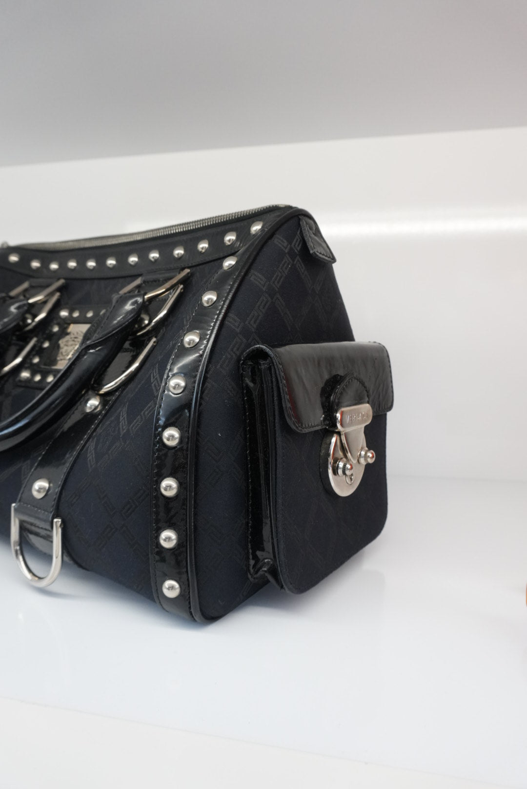 MEDUSA BLACK MONOGRAM FABRIC AND PATENT LEATHER STUDDED TOP HANDLE BOSTON BAG