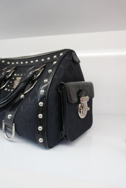 MEDUSA BLACK MONOGRAM FABRIC AND PATENT LEATHER STUDDED TOP HANDLE BOSTON BAG
